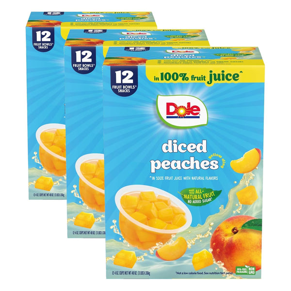 Dole Diced Peaches in 100% Juice - Dole Fruit Bowls Snacks - 4 oz Fruit Bowls - 12 Pack