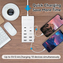 USB Charging Station with 6 USB-A and 4 USB-C Ports, 50W 10A USB Charger Block for Smart Phone, Tablet, Laptop, Multiple Devices - USB Power Strip with Auto-Detect Technology