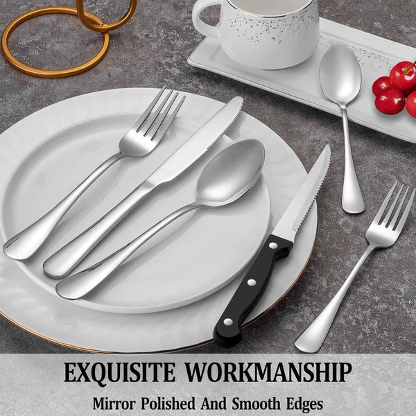 MUTNITT Stainless Steel Silverware Set for 4 with Steak Knives, Dishwasher Safe, Mirror Polished Cutlery Utensil Set