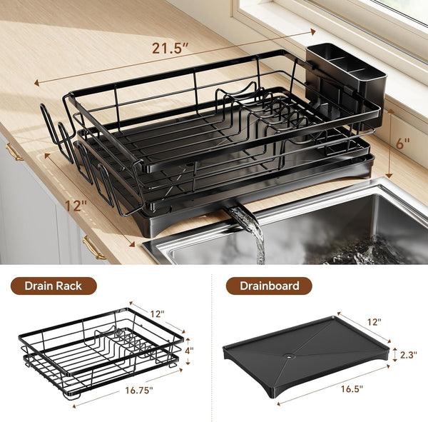 Stainless Steel Dish Rack with Cutlery Holder and Cup Holders for Kitchen Counter