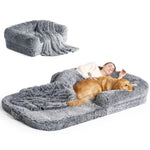 EheyCiga 72x44x11 Grey Orthopedic Memory Foam Foldable Human Dog Bed with Non-Slip Bottom and Waterproof Faux Fur Cover
