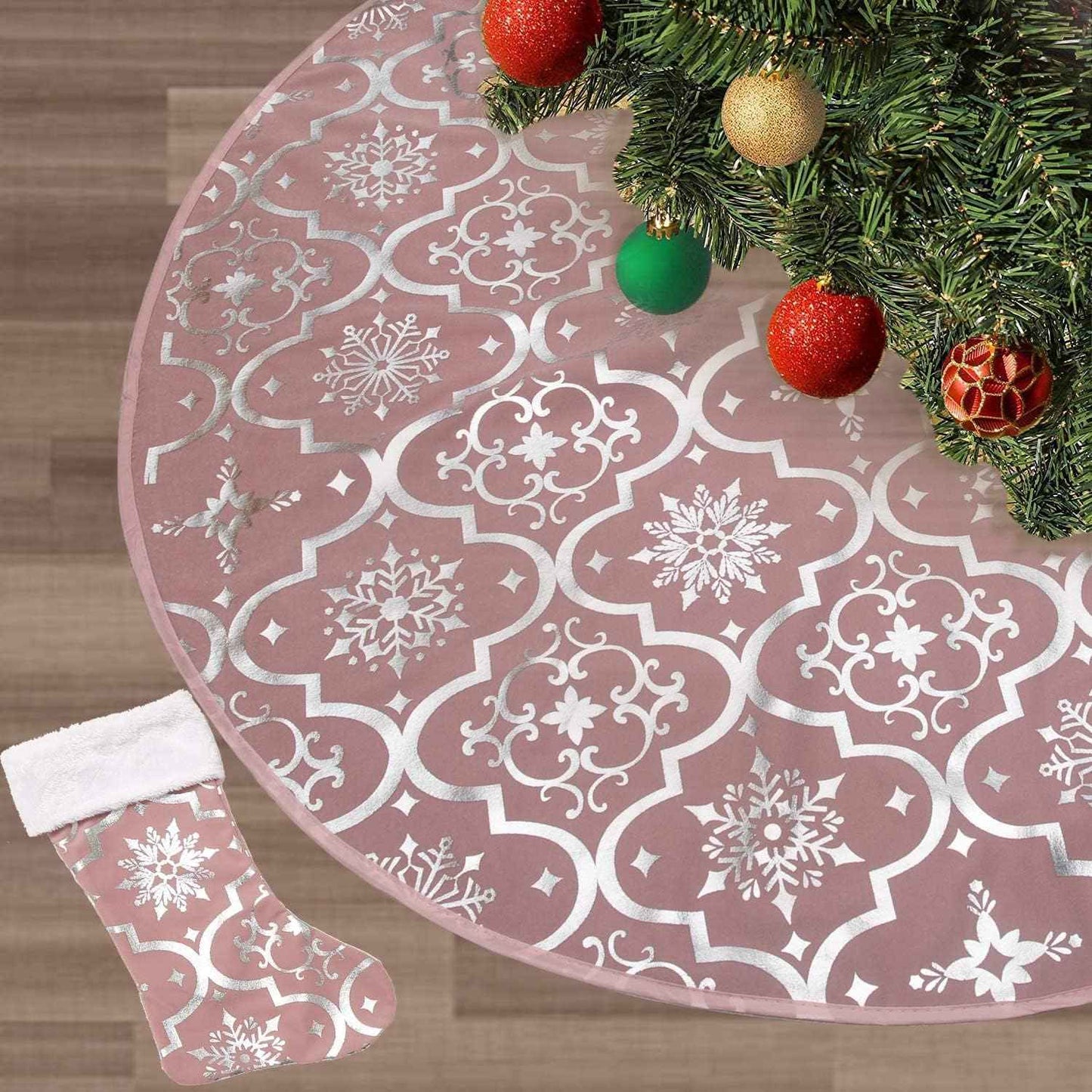 Flash World 48 Inch Large Christmas Tree Skirt Xmas Soft Cover Mat Decor Snowflake Collar Farmhouse Tree Skirt for Holiday Ornaments Party Home Indoor Decorations (Red, 48INCH)