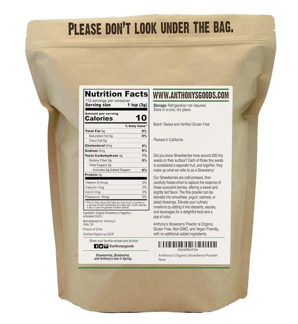 Anthony's Organic Strawberry Powder, 12 oz, Freeze Dried, Gluten Free, Non GMO