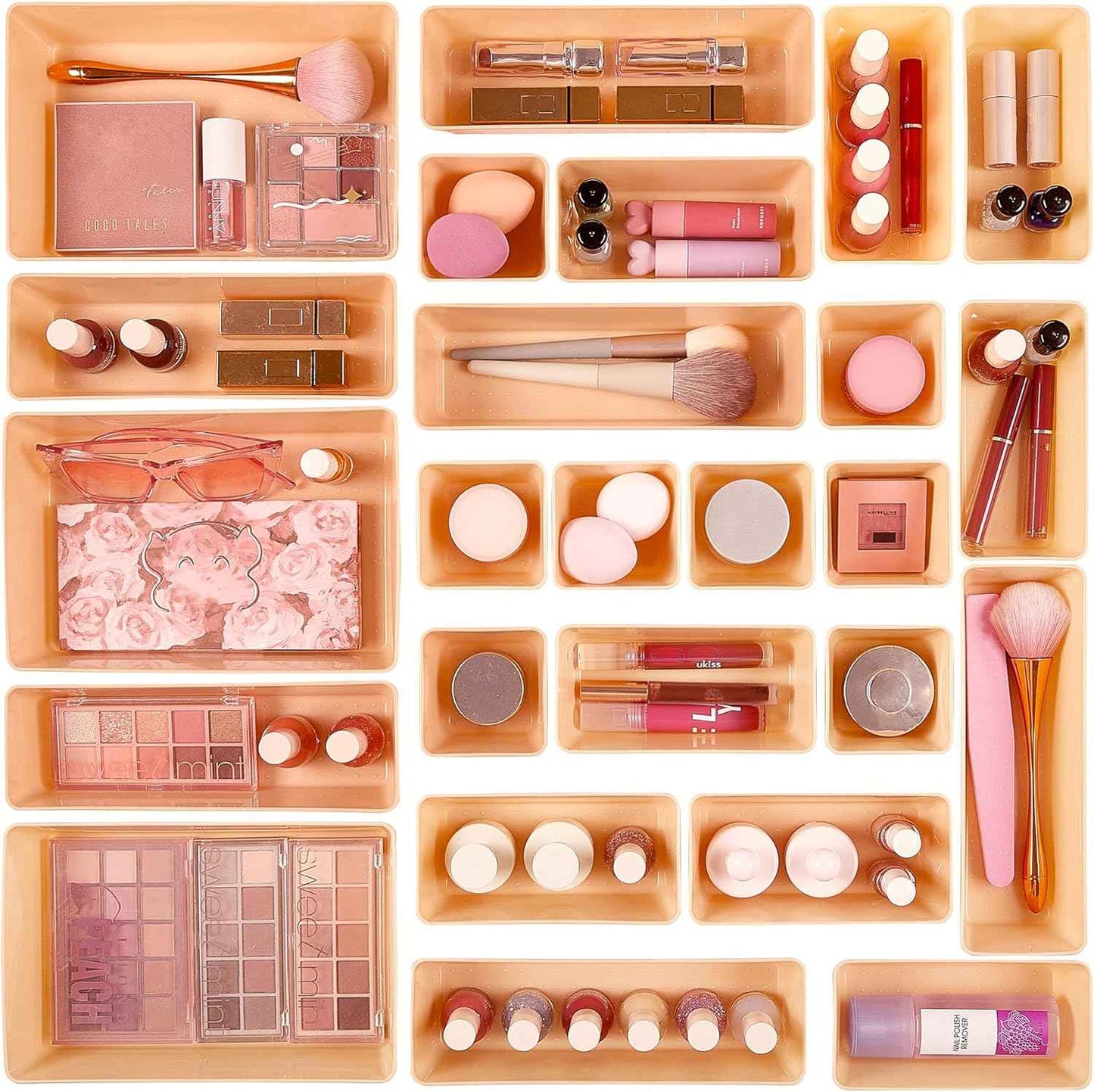 Vtopmart 25 PCS Clear Plastic Drawer Organizers Set, 4-Size Versatile Bathroom and Vanity Drawer Organizer Trays, Storage Bins for Makeup, Bedroom, Kitchen Gadgets Utensils and Office