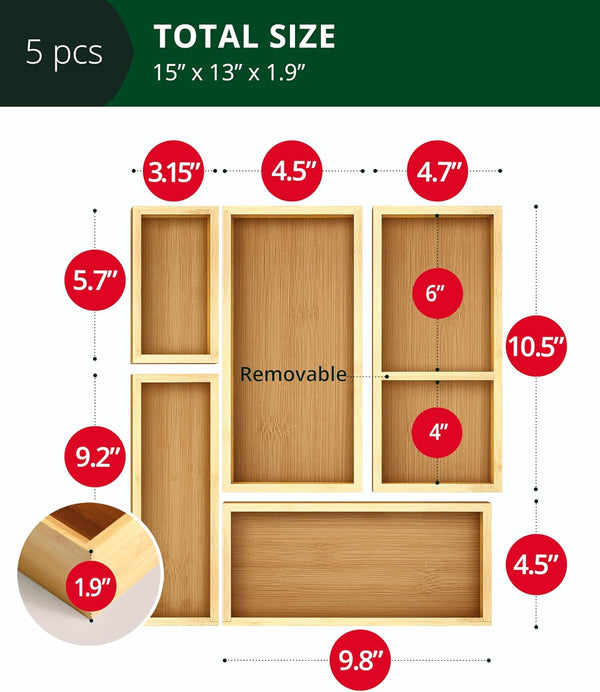 5-piece bamboo drawer organizer set for multi-use storage