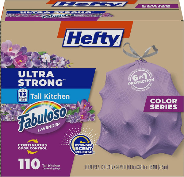 Hefty Ultra Strong 13 Gallon Trash Bags, Tall Kitchen Trash Bags 13 Gallon Size, Resist Leaks, Punctures, and Rips, Continuous Odor Control, White, Fabuloso Lavender Scent, 80 Bags