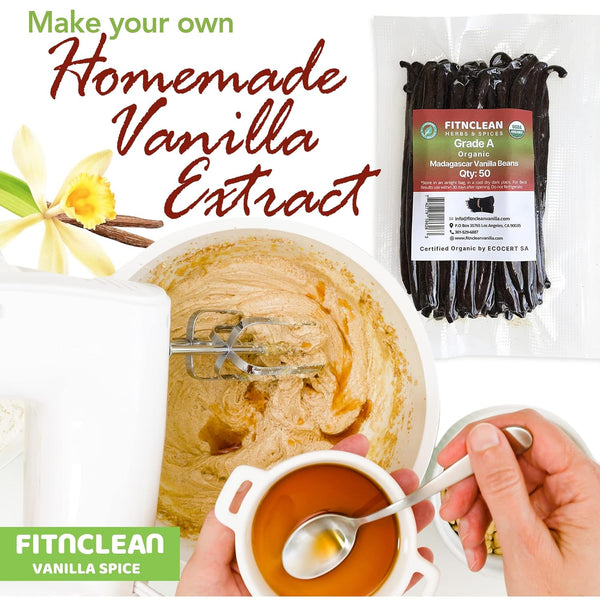 FitNClean Madagascar Vanilla Beans Bulk Fresh Organic Grade A Pods Non-Gmo 5 Long for Baking and Extract