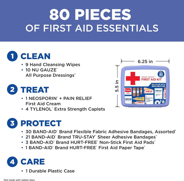 BAND-AID Brand Travel Ready Portable Emergency First Aid Kit, Minor Wound Care, Perfect for Home, Car, Camping, Travel & Outdoor Essentials, Supplies Include Bandages, Neosporin & Tylenol, 80 Piece