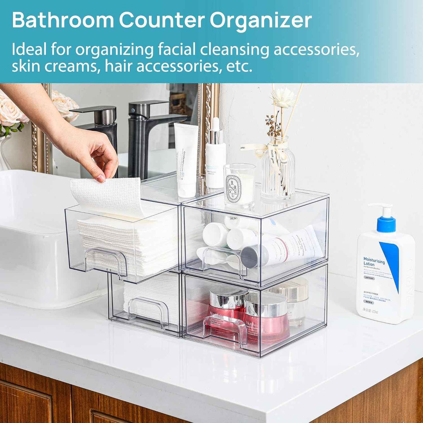 Vtopmart 4 Pack Small Clear Stackable Storage Drawers,Acrylic Bathroom Makeup Organizer,Plastic Storage Bins For Vanity, Undersink, Kitchen Cabinets, Pantry, Home Organization