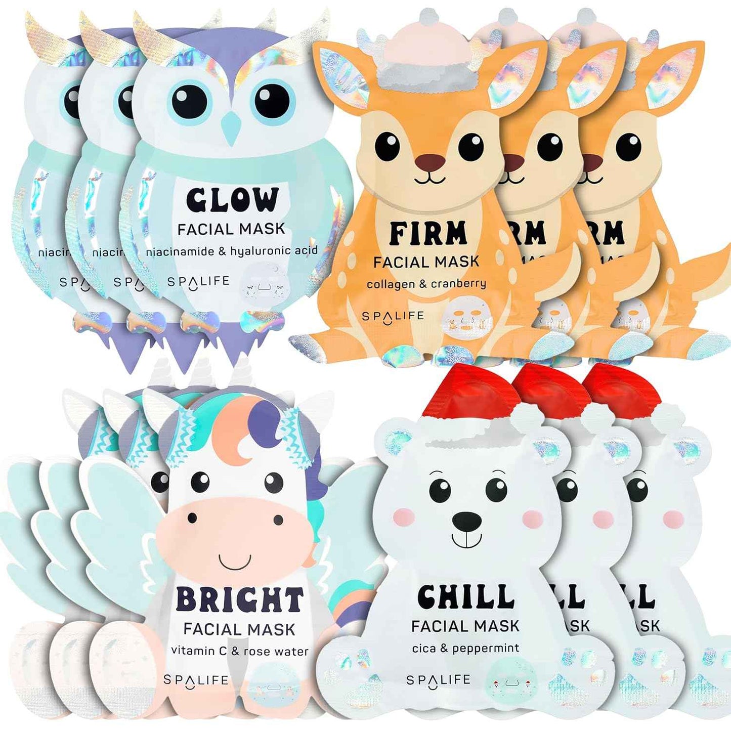 SpaLife Beauty Holiday Treats Christmas Face Mask Bundle | Korean Facial Mask | Hydrating, Soothing and Moisturizing Sheet Mask Set | Stocking Stuffers for Women | Bulk Christmas Gifts | 12 Pack