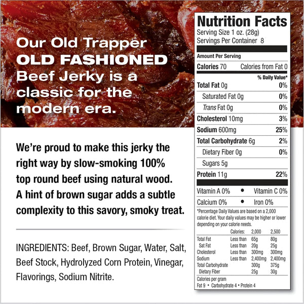 Old Trapper Beef Jerky, 8 Ounce Bag, Tender Meat Snacks for Lunches or Between Meals