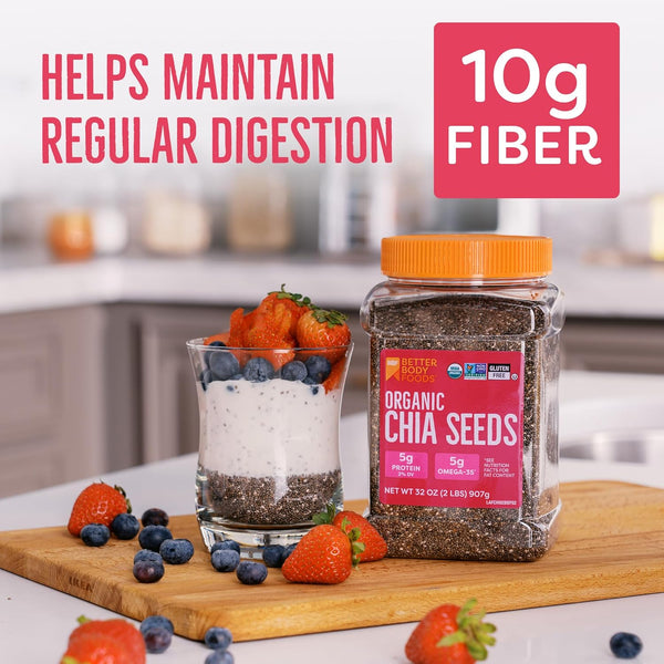BetterBody Foods Organic Chia Seeds 2 lbs, Omega-3, Non-GMO, Gluten Free, Keto, Vegan