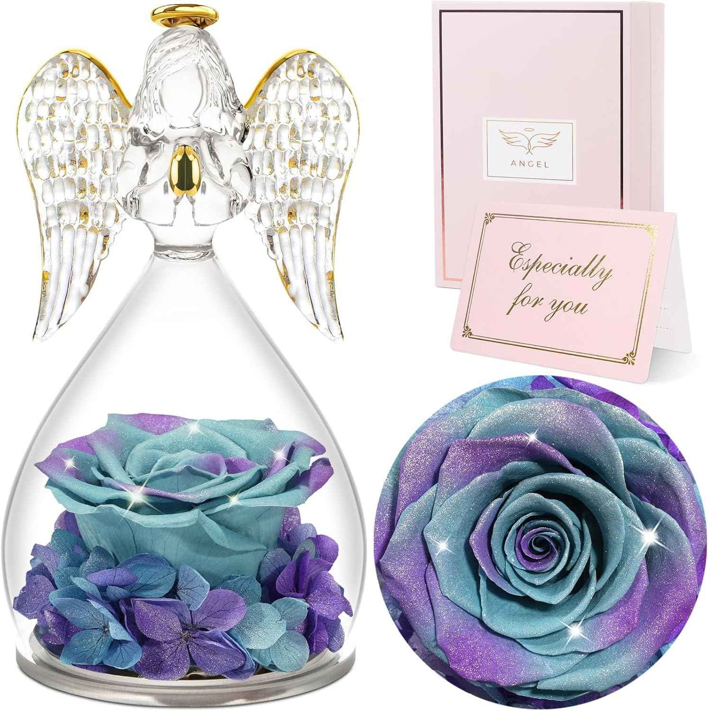 Sunia Valentines Day Rose Gifts for Women, Birthday Gifts for Mom Grandma, Forever Preserved Flower in Glass Angel Figurines Flowers for Delivery Prime, Mothers Day Real Roses for Her Wife