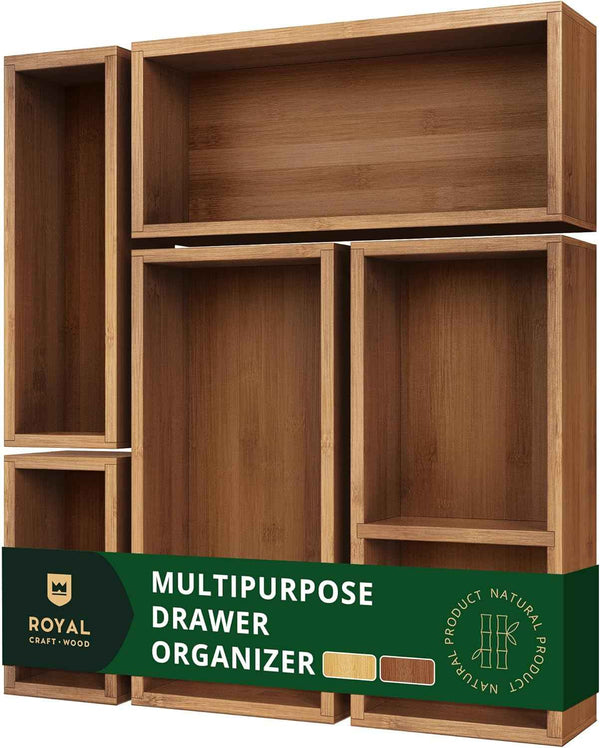 ROYAL CRAFT WOOD 5-Piece Bamboo Drawer Organizer Set – Multi-Use Storage Trays for Kitchen, Bathroom, Office, Makeup, Jewelry & More – Junk Drawer Tray, Utensil Holder, Storage Box & Bin Set (5 Boxes)