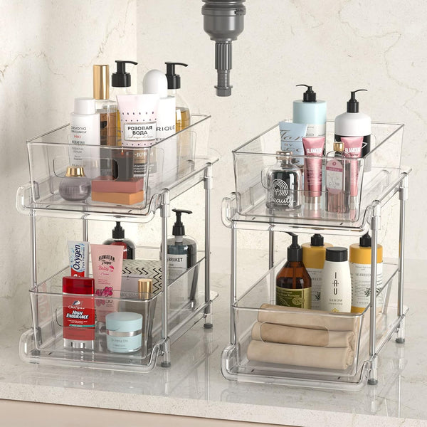 2-Tier Bathroom Organizer with Dividers and Pull-Out Cabinet