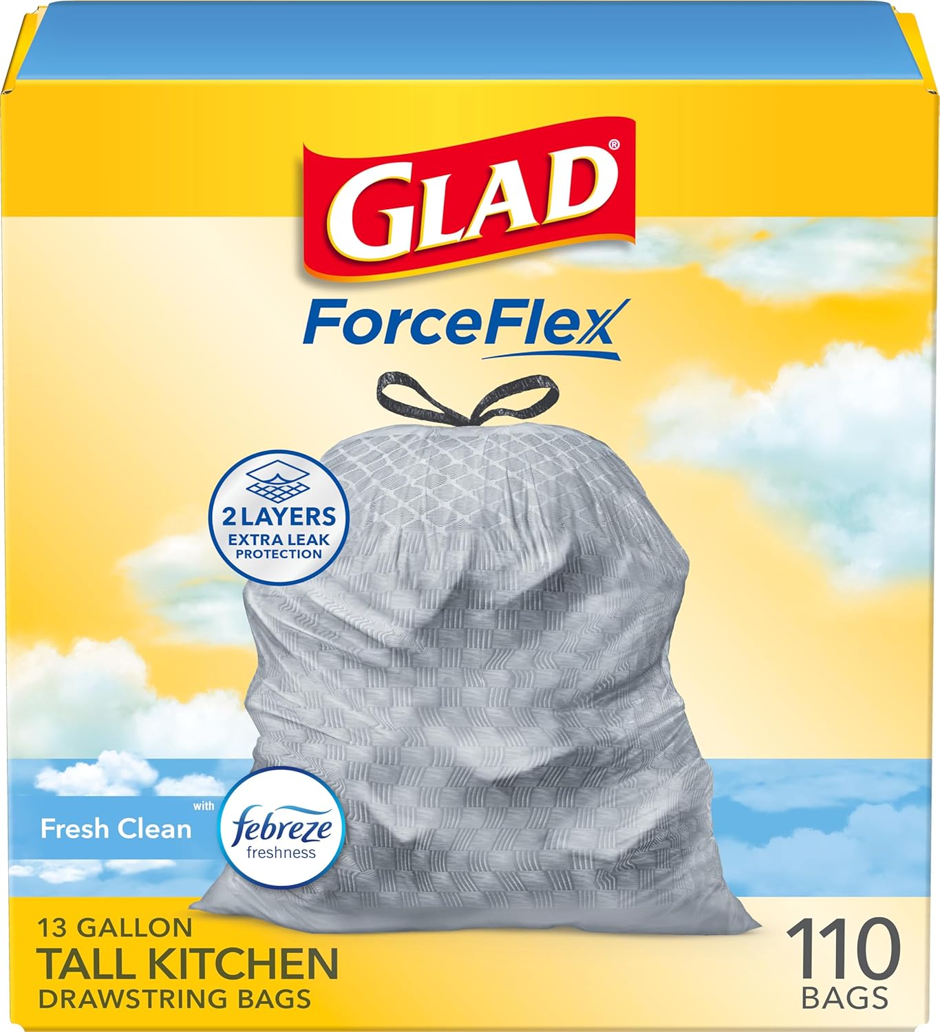 Glad ForceFlex Tall Kitchen Trash Bags, 13 Gallon, Gain Fresh Clean, 40 Count (Package May Vary)