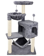 yunique cat tree with cat condo and big hammock, grey, 22.44x13.78x39.37 inches, faux fur and sisal posts