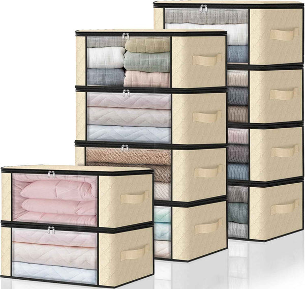 HomeHacks Storage 3-Pack Clothes Organizer Storage Bags Foldable Storage Box with Large Clear Window Sturdy Handles for Closet, Dorm, Pillows, Bedding, Clothes, Blankets, 35L, Gray