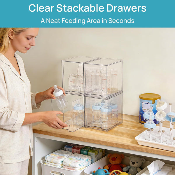 Vtopmart 7.6" Clear Stackable Storage Drawers, 4 Pack Plastic Organizers for Home Organization