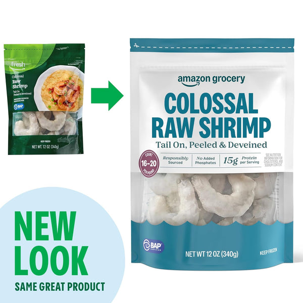 Amazon Grocery, Colossal Raw Shrimp, Tail On, Peeled & Deveined, 12 Oz, Frozen