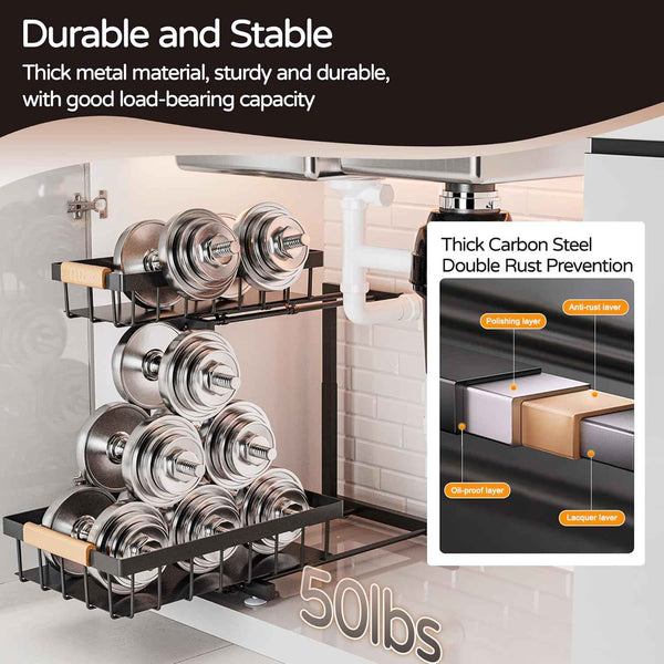 ADBIU Under Sink Organizer, 2 Pack 2 Tier Expandable Height (13.2" - 17.2") Pulling Out Kitchen Bathroom Cabinet Organizers