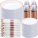 BESTVIP 700PCS Gold Plastic Dinnerware Set for 100 Guests, Disposable Plates for Party, Include: 200 Plastic Plates, 100 Pre Rolled Napkins with Gold Silverware, 100 Cups for Christmas, Halloween