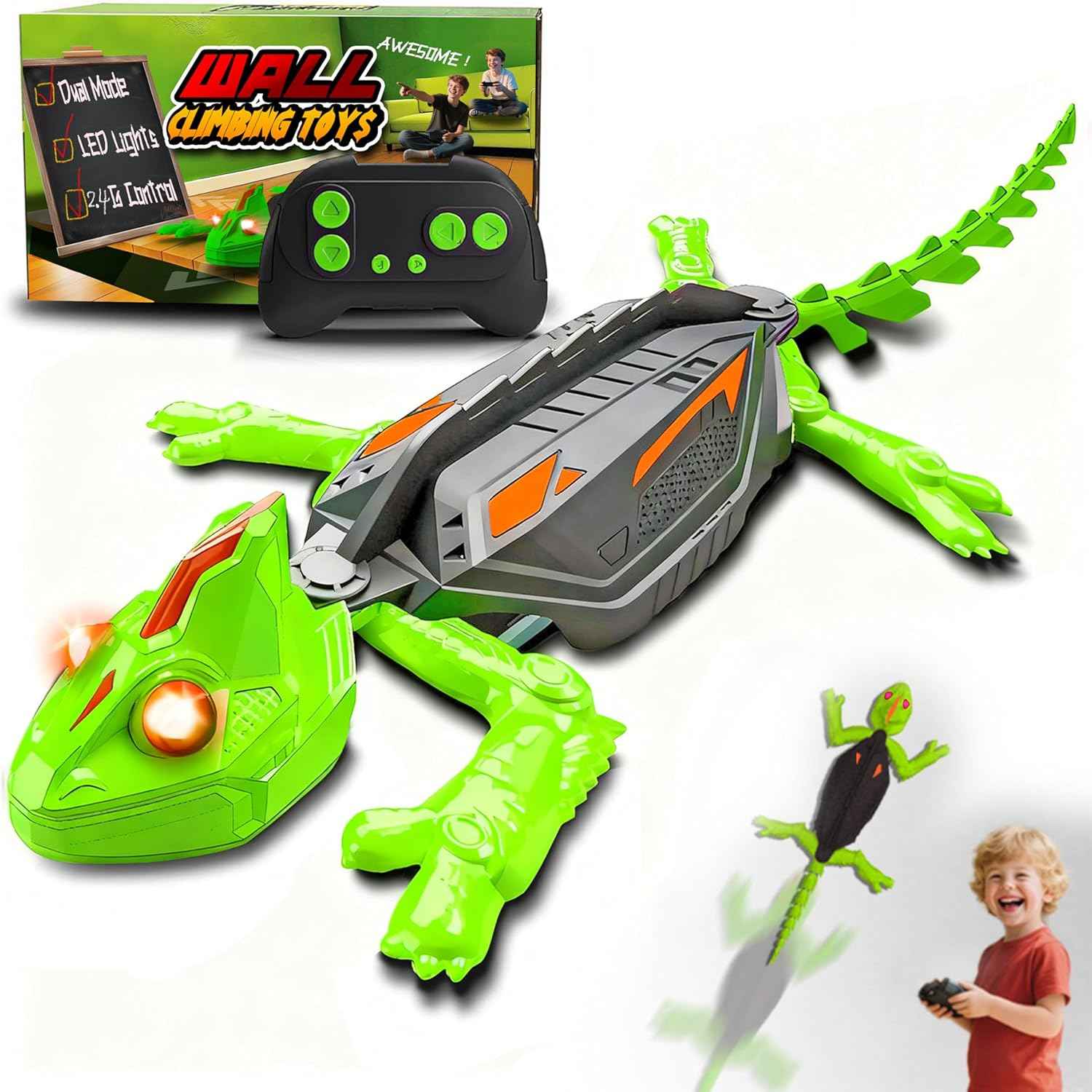 Wall Climbing RC Chameleon Toy for Kids, Rechargeable Remote Control Lizard Toy with LED Eyes, Dual Mode Floor & Wall Driving, Christmas Halloween Birthday Gift for Boys Girls Ages 3+