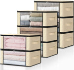 HomeHacks Storage 3-Pack Clothes Organizer Storage Bags Foldable Storage Box with Large Clear Window Sturdy Handles for Closet, Dorm, Pillows, Bedding, Clothes, Blankets, 35L, Gray