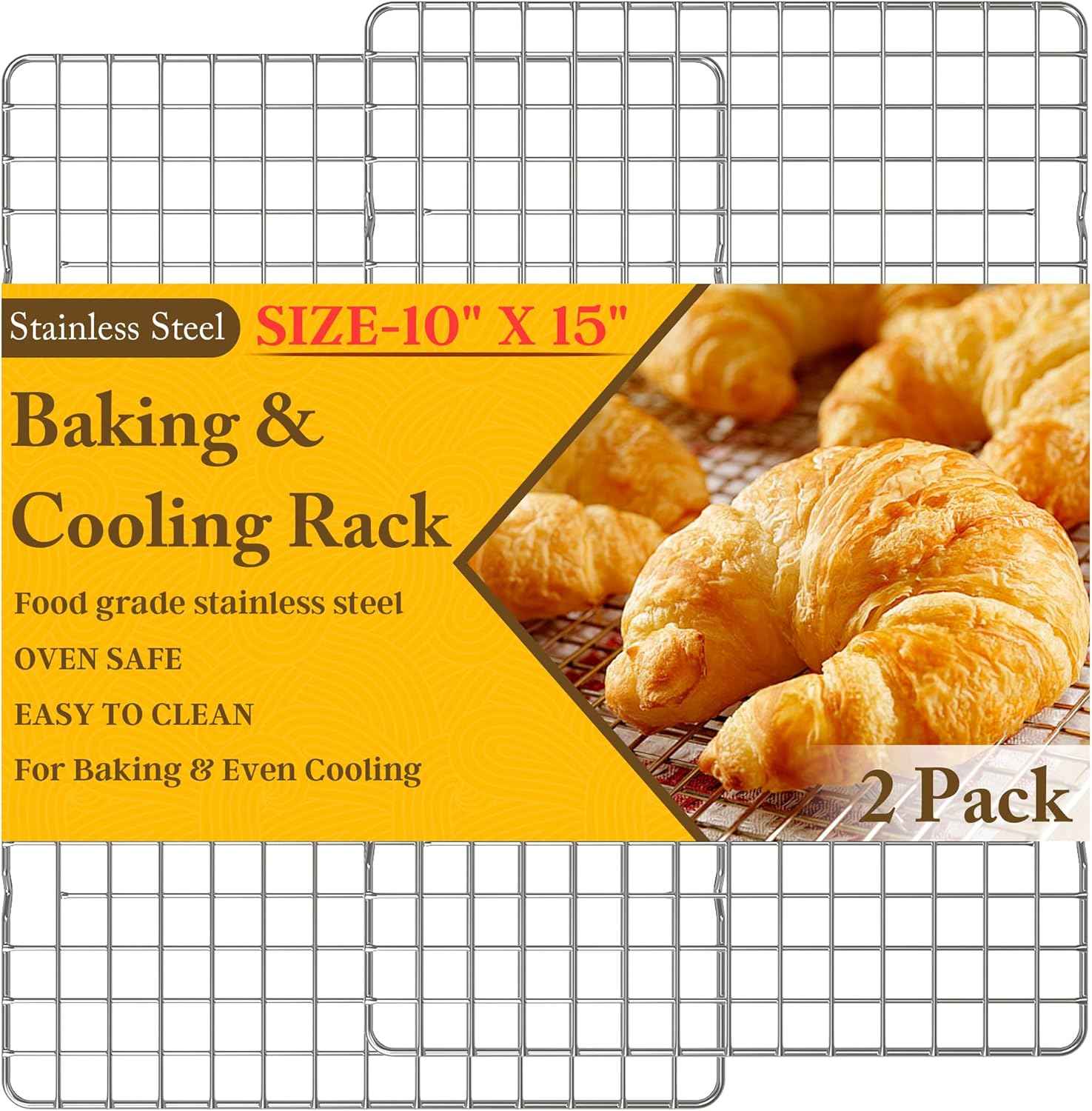 2PCS Cooling Racks for Cooking and Baking - 10" x 15"Heavy Duty Stainless Steel Wire Rack for Baking, Grilling, Roasting - Oven & Dishwasher Safe - Fits Jelly Roll Sheet Pan-Silver