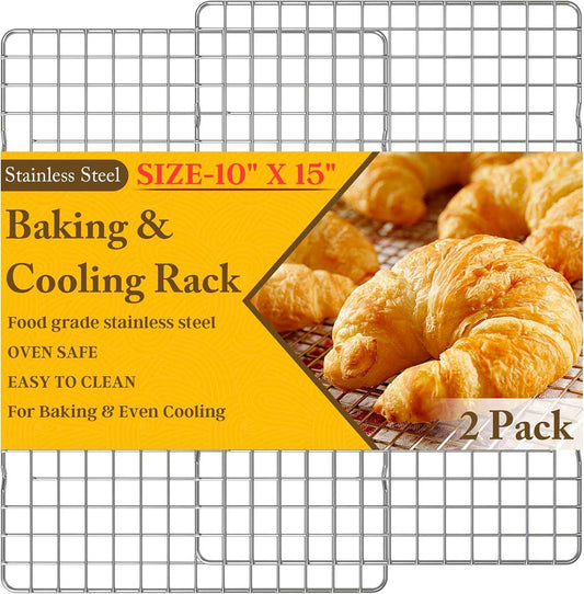 2PCS Cooling Racks for Cooking and Baking - 10" x 15"Heavy Duty Stainless Steel Wire Rack for Baking, Grilling, Roasting - Oven & Dishwasher Safe - Fits Jelly Roll Sheet Pan-Silver