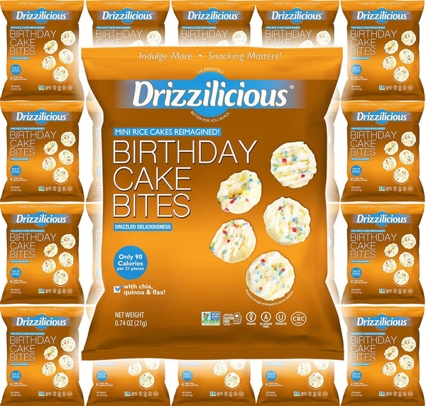 Mini flavored rice cakes in birthday cake flavor, 90 calories per bag, vegan and gluten free