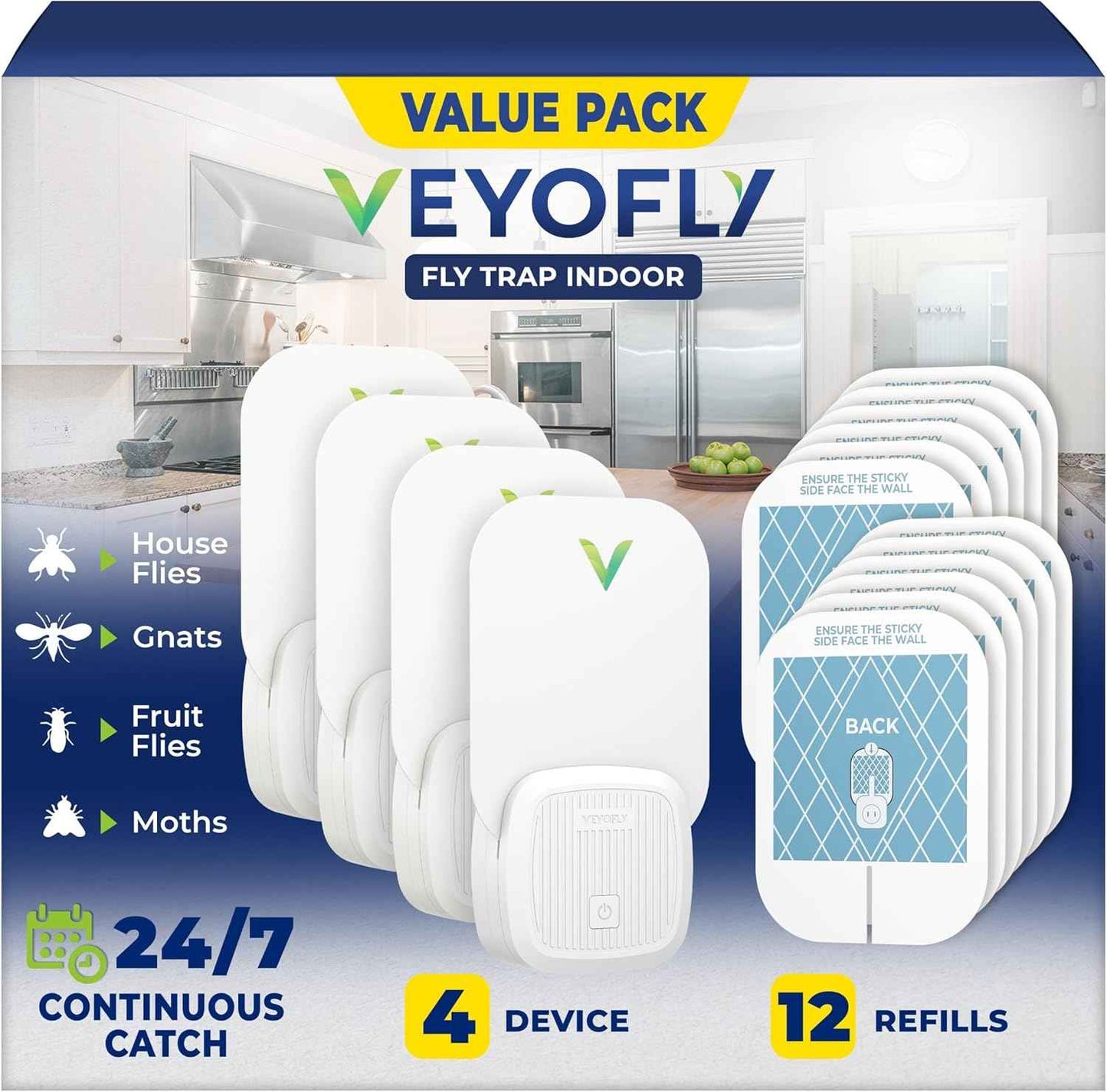 VEYOFLY Fly Trap Indoor, Fruit Fly Traps for Indoors Flying Insect (2 Device + 6 Refills) Gnat Traps for House Indoor, Bug Zapper Indoor, Gnat Killer Catcher & Fruit Fly Killer Light Plug in