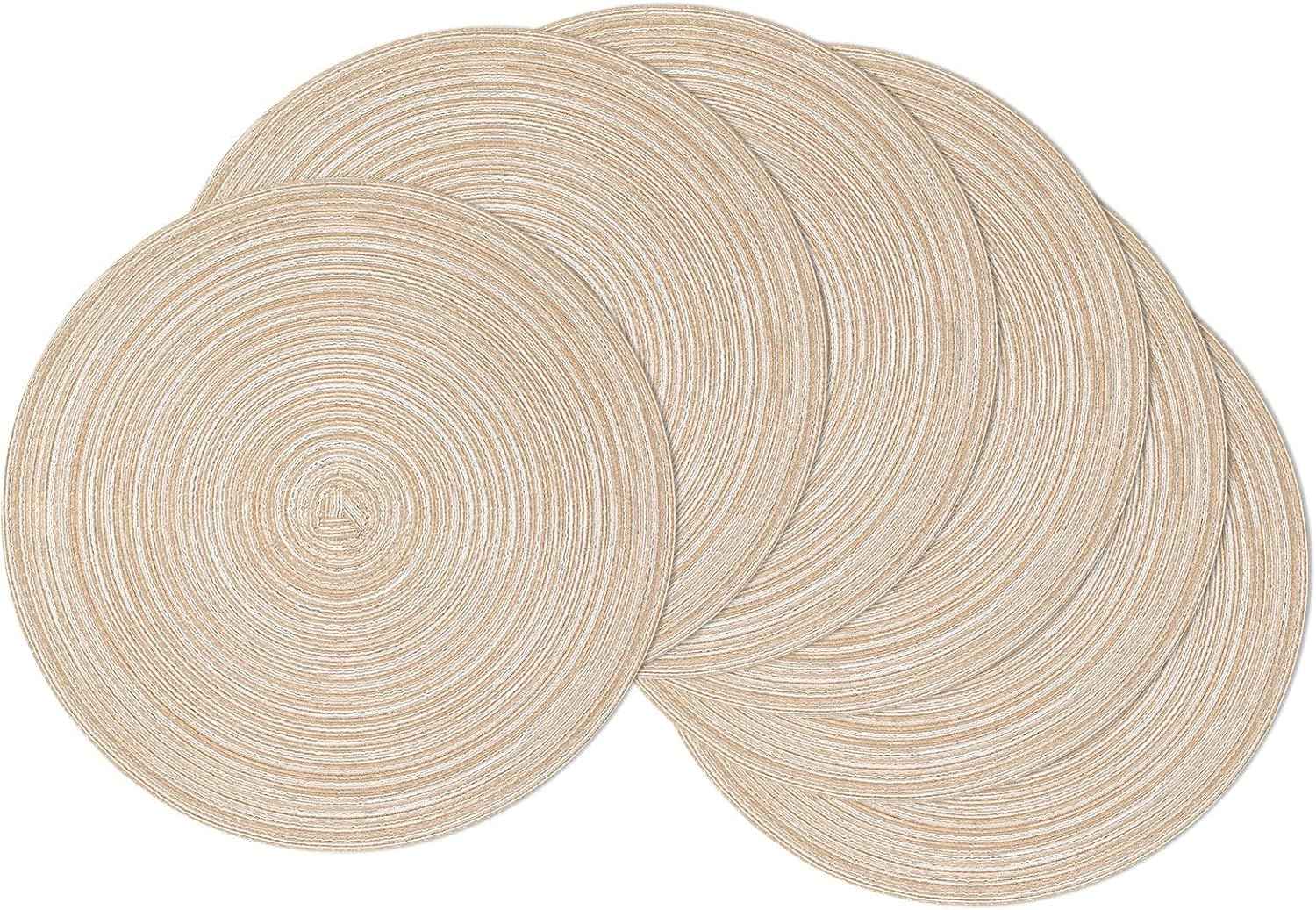 SHACOS 15 inch Round Braided Placemats Set of 6 Non Slip Heat Resistant Cotton Polyester Table Mats Washable Place Mats for Kitchen Dining Party Table Decor (Beige, 6)