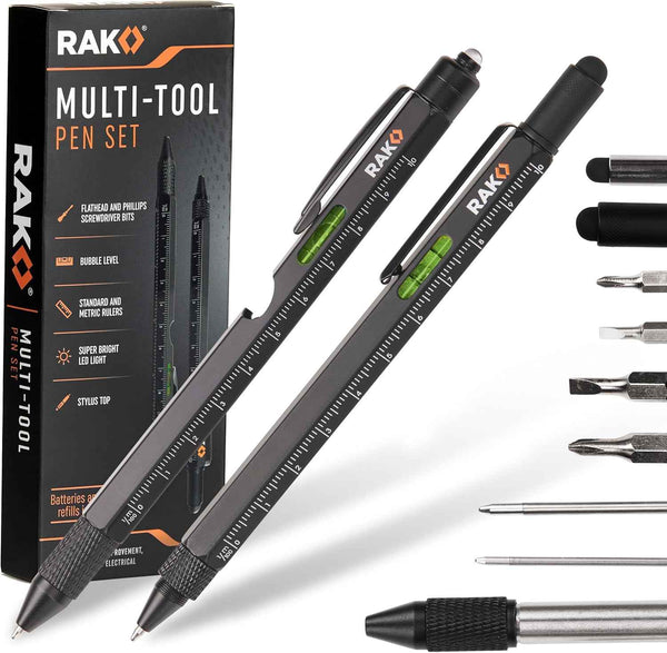 RAK Multitool Pen - Multi-Tool Pens with LED Light, Flathead, Phillips Screwdrivers, Level, Ruler, Bottle Opener, and Stylus