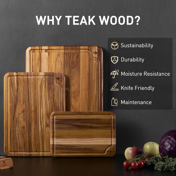 Teak Wood Cutting Board Set for Kitchen with Non-Slip Base and Durable Construction