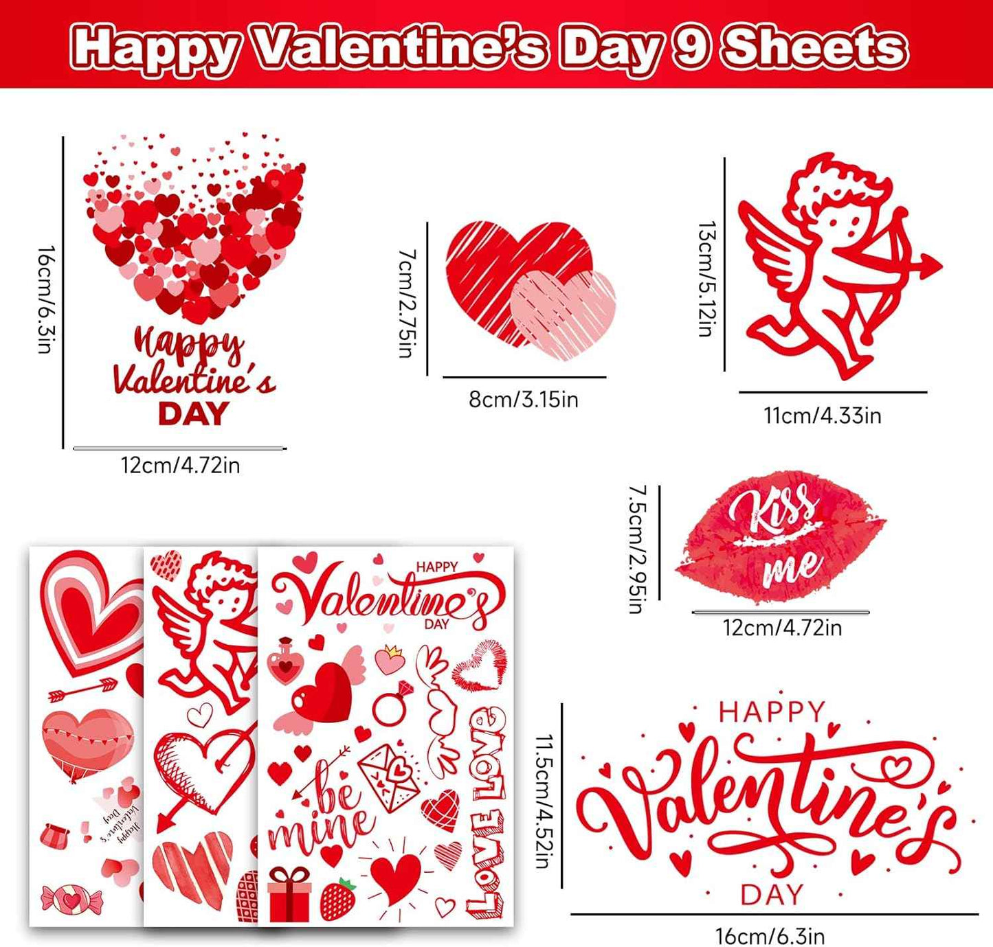 Valentines Day Window Clings Decor, Valentines Day Decorations, Red Heart Stickers for Home, Office, Classroom, Romantic Cupid Decals Décor, 9 Sheets