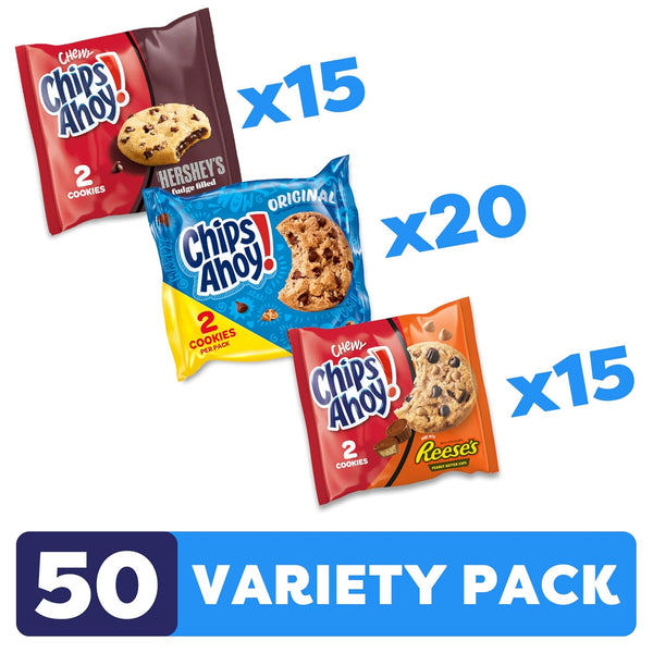 CHIPS AHOY! Cookies Variety Pack, 50 Snack Packs, 2 Cookies Per Pack