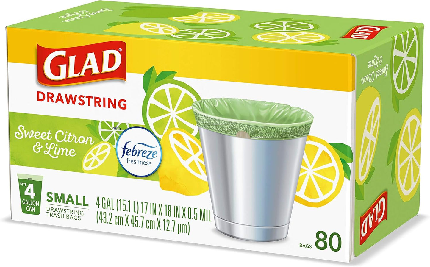 Glad Small Trash Bags 4 Gallon, Febreze Sweet Citron & Lime Garbage Bags, Odor Resistant with Drawstring, 80 Count