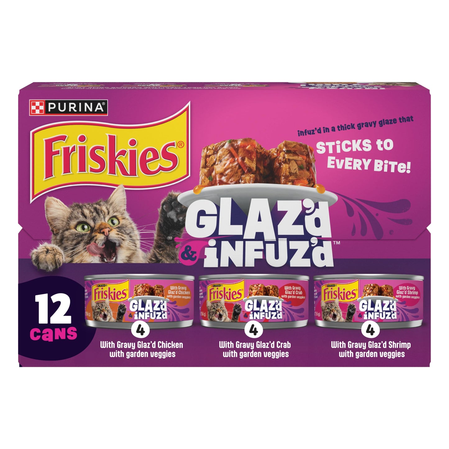 purina friskies glaz'd and infuz'd wet cat food variety pack with chicken, crab, or shrimp in gravy - 5.5 oz, pack of 12