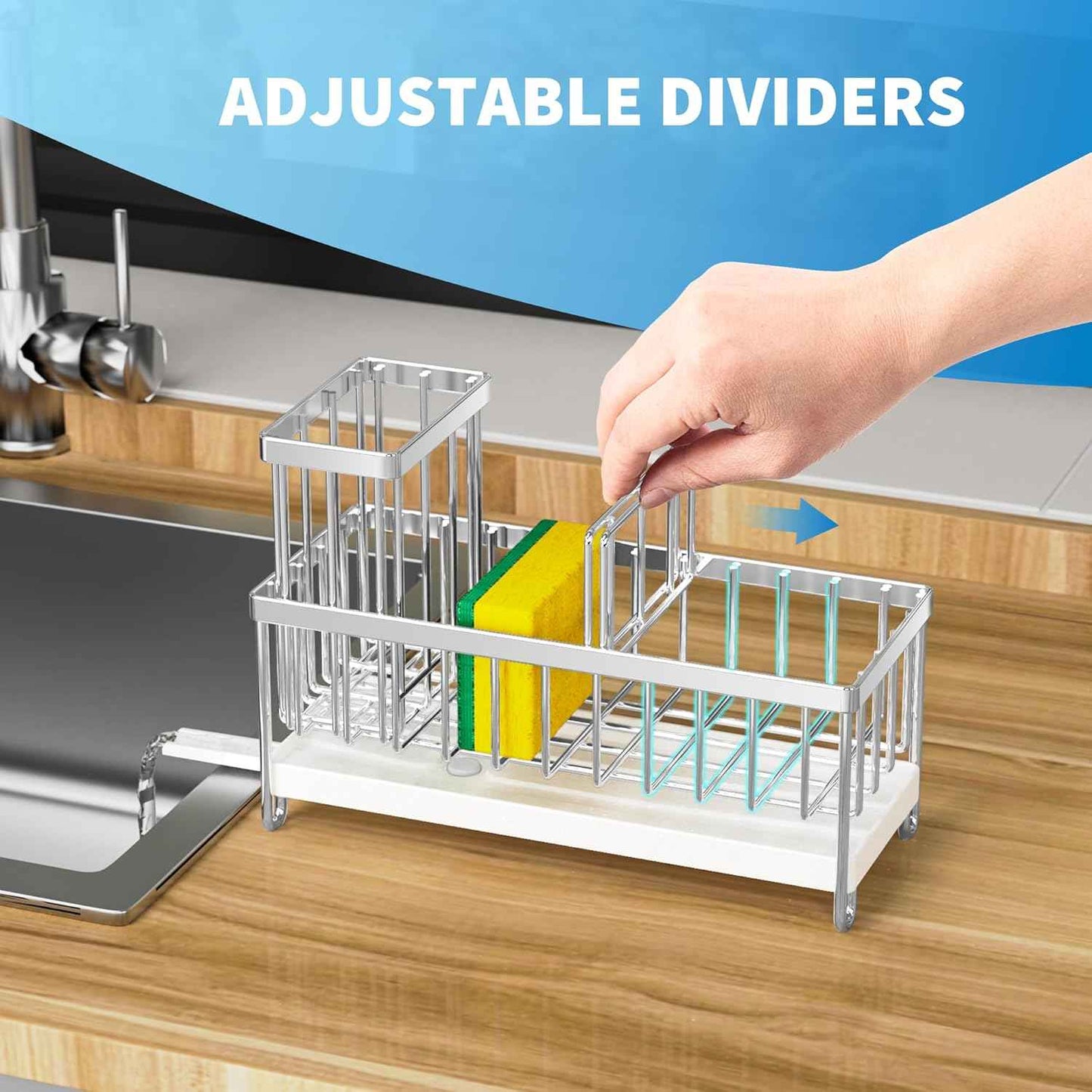 Cisily Silver Sponge Holder for Kitchen Sink, Sink Caddy Organizer with High Brush Holder, Kitchen Countertop Organizers and Storage Essentials, Rustproof 304 Stainless Steel, Soap Dispenser Organize