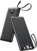 VRURC Portable Charger, Built-in 4 Cables Slim Power Bank 10000mAh, USB C Charging Bank with LED Display, Compact Travel Battery Pack with 5 Outputs for Multi Devices, Android-Black(1 Pack)
