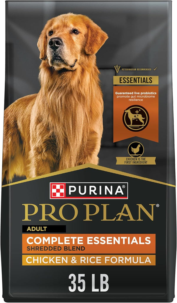 Purina Pro Plan Complete Essentials Shredded Blend Chicken and Rice Dog Food Dry Formula with Probiotics, 35 lb, Chicken First Ingredient