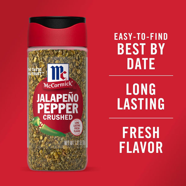 McCormick Crushed Jalapeño Pepper, 1.37 oz, bold flavor and moderate heat.