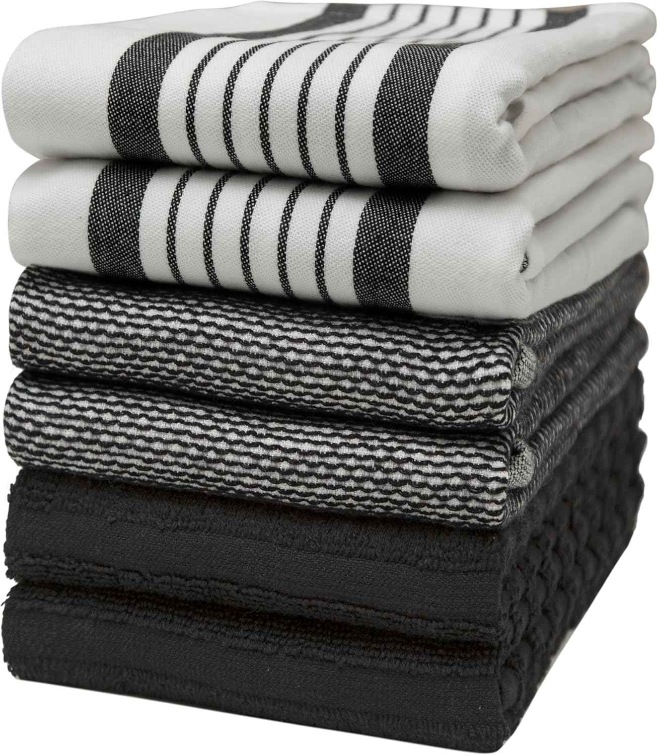 Premium Kitchen Towels (20”x 28”, 6 Pack) | Large Cotton Kitchen Hand Towel | Flat & Terry Dish Cloths | Highly Absorbent Tea Towels Set with Hanging Loop | Gray