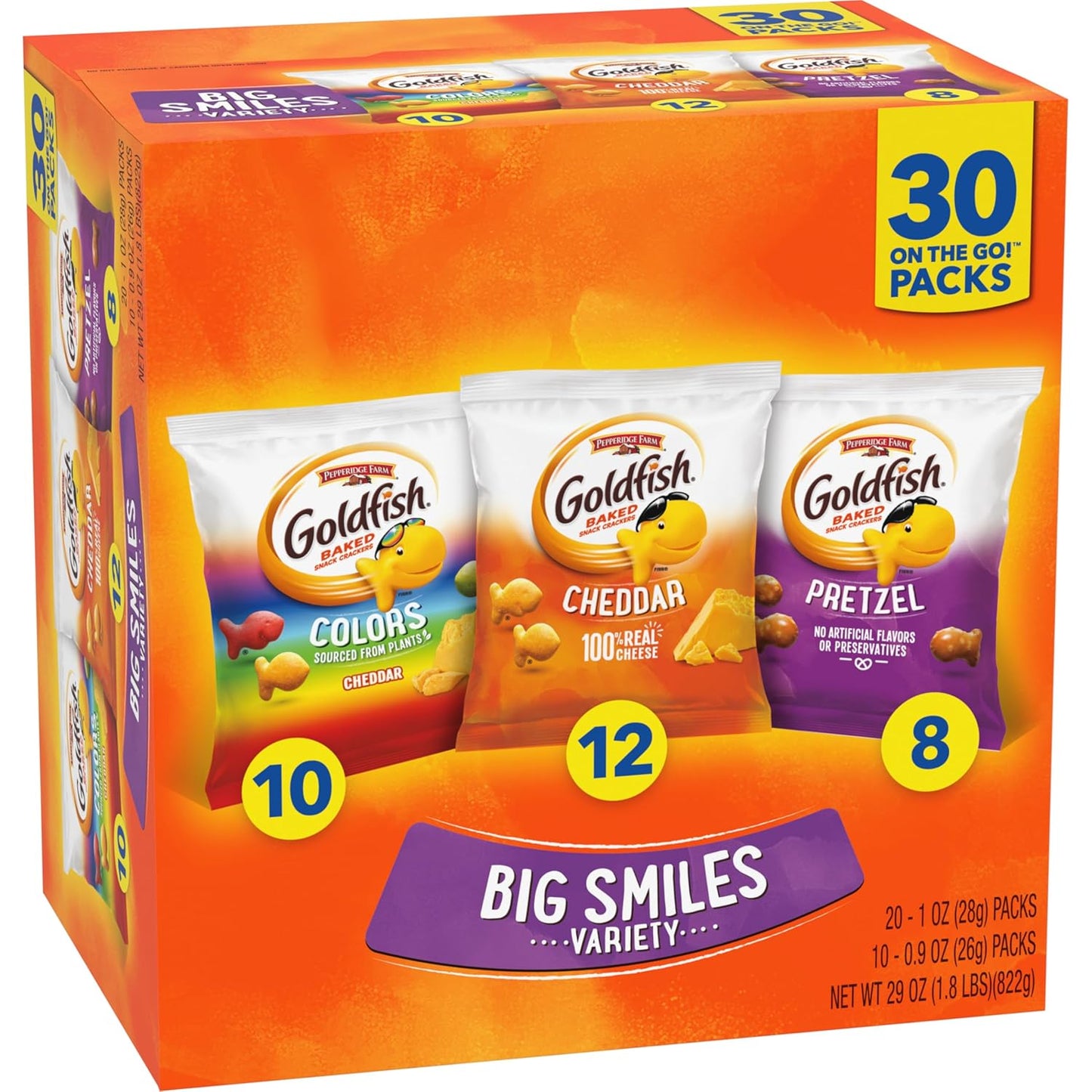 Goldfish Crackers Big Smiles Variety Pack: Cheddar, Colors, and Pretzels, Snack Packs, 30 Count