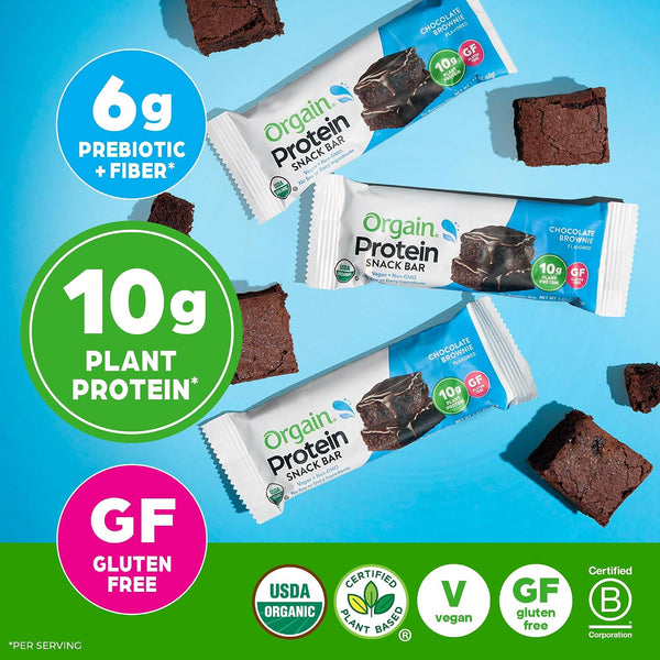 Orgain Organic Vegan Protein Bars, Chocolate Brownie, 10g Plant Based Protein, 12 Count