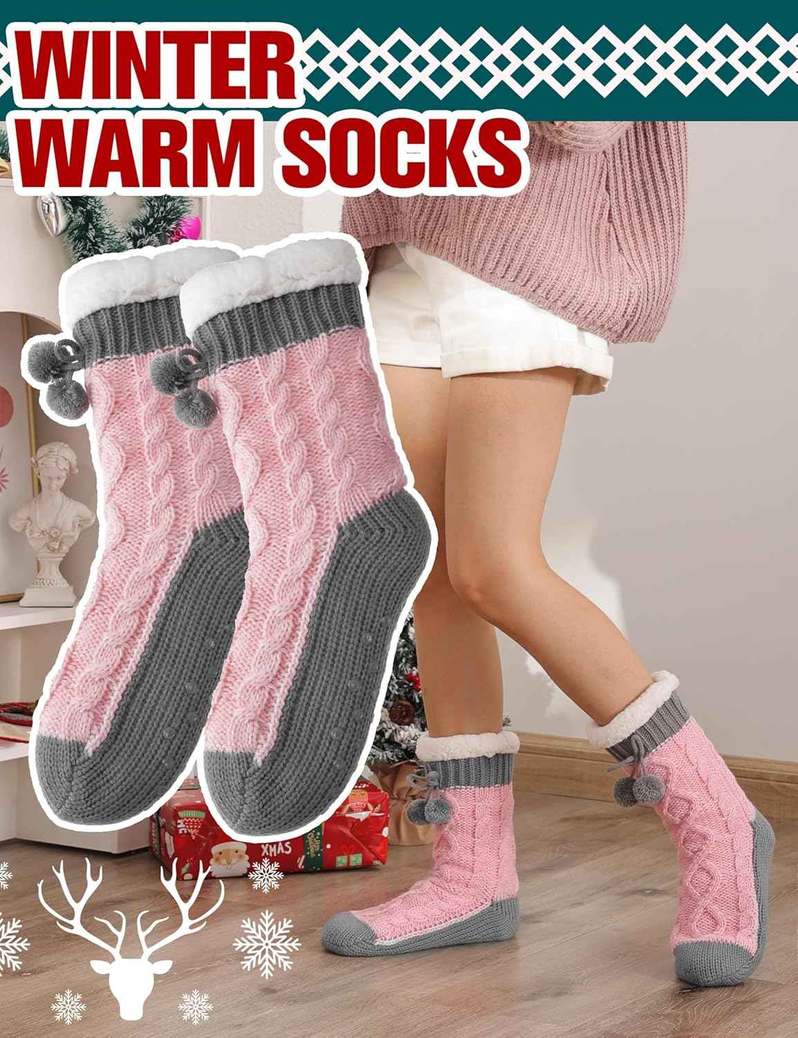 Womens Slipper Fuzzy Grips Socks Fluffy Winter Warm Thick Thermal Cozy Plush Non Slip Cabin Soft Fleece Socks | Warm, Cozy, Non Slip, Fluffy, Soft, Plush, Fleece, Thermal, Thick, Winter