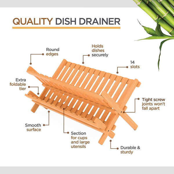 Bambusi Collapsible Bamboo 2 Tier Foldable Wooden Dish Drainer for Countertop