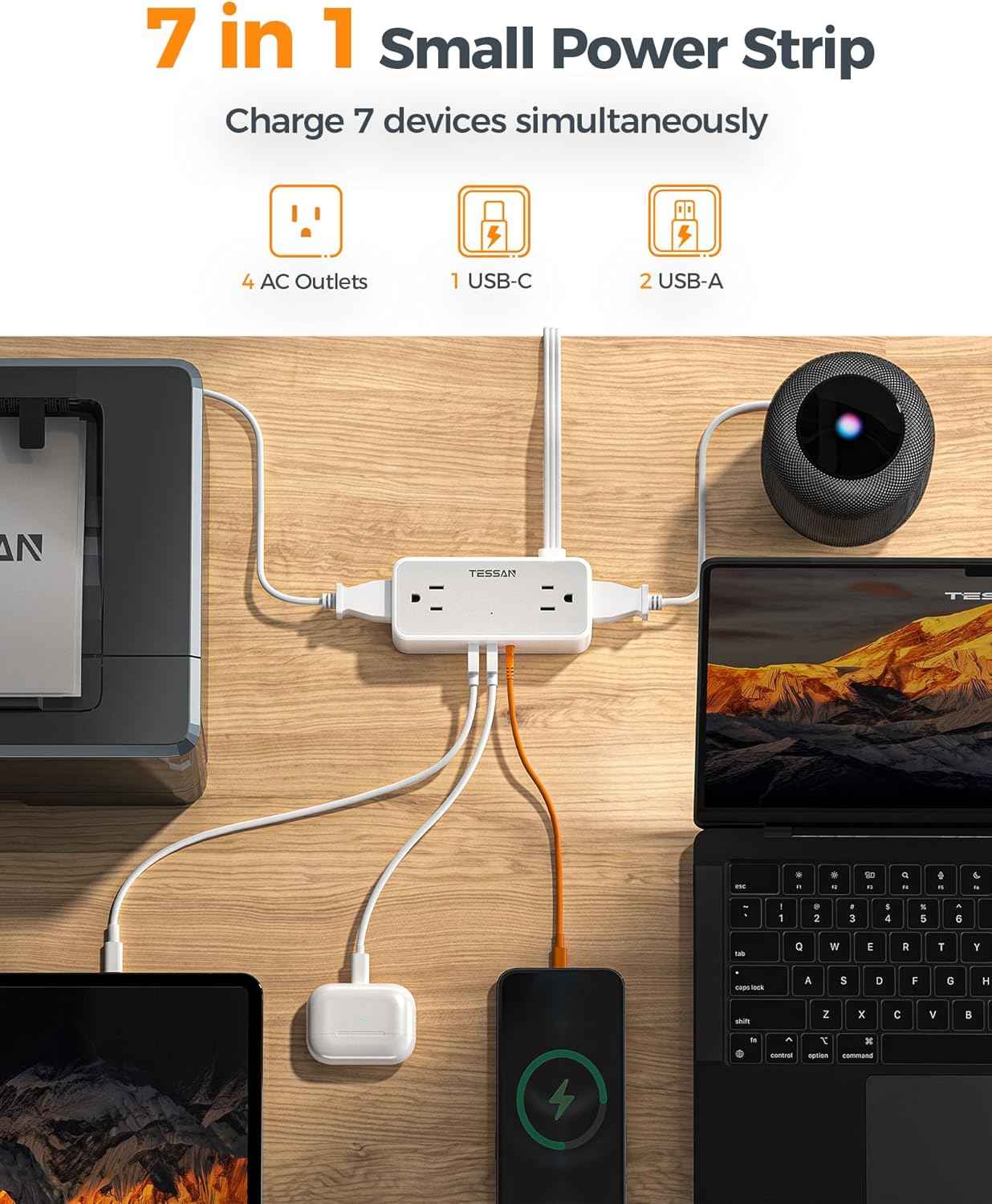 TESSAN Flat Plug Extension Cord 5 FT, Surge Protector Power Strip with 4 AC Outlets 1 USB C and 2 USB A Ports, 900 Joules Protection, Multiple Wall Outlet Extender Suitable for Home Office Dorm