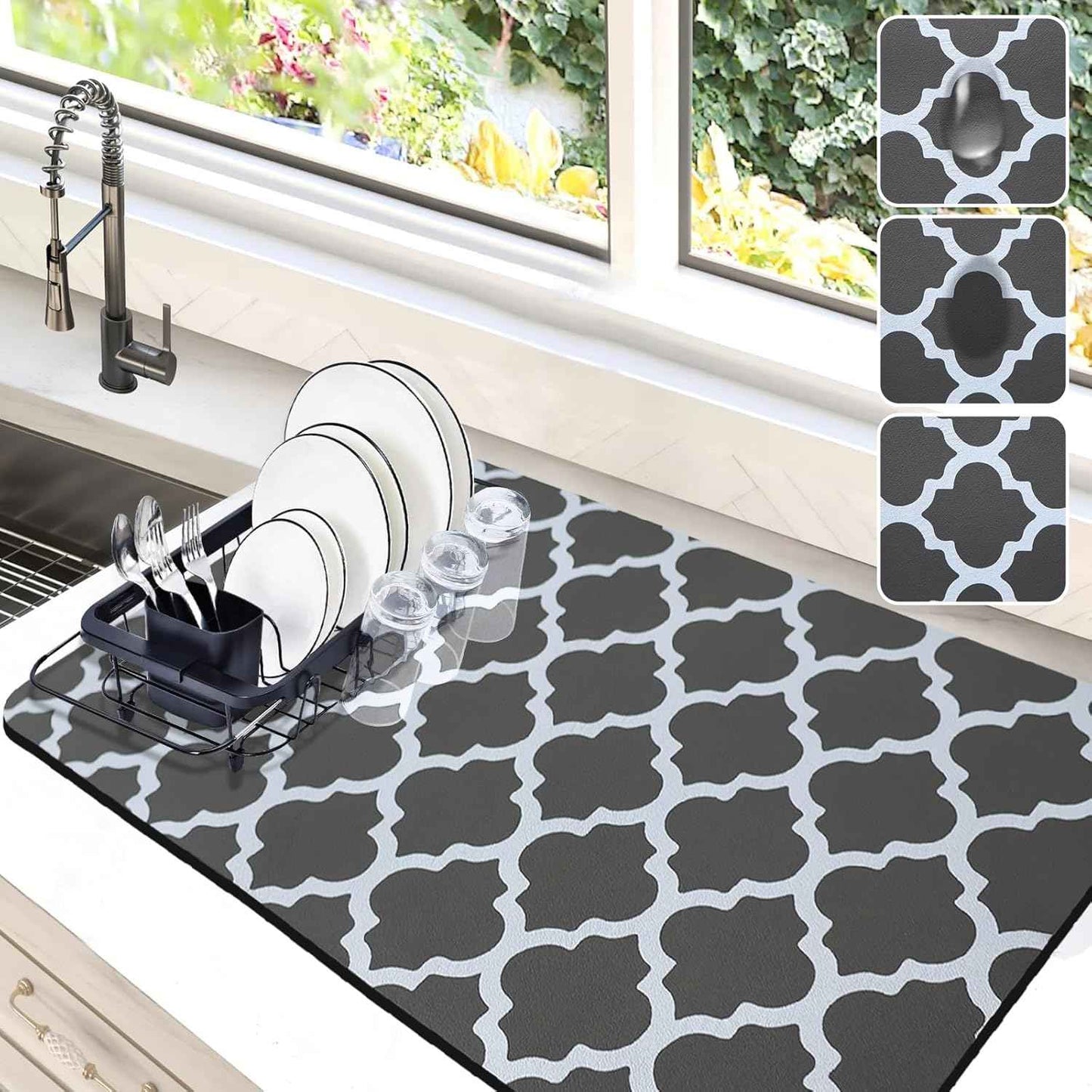 Dish Drying Mat for Kitchen Counter, 12"x19" Dish Drying Pad with Non-slip Rubber Backed, Hide Stain Anti Absorbent for Kitchen Counter, Drying Mat for Coffee Machine Dish Rack (Grey)